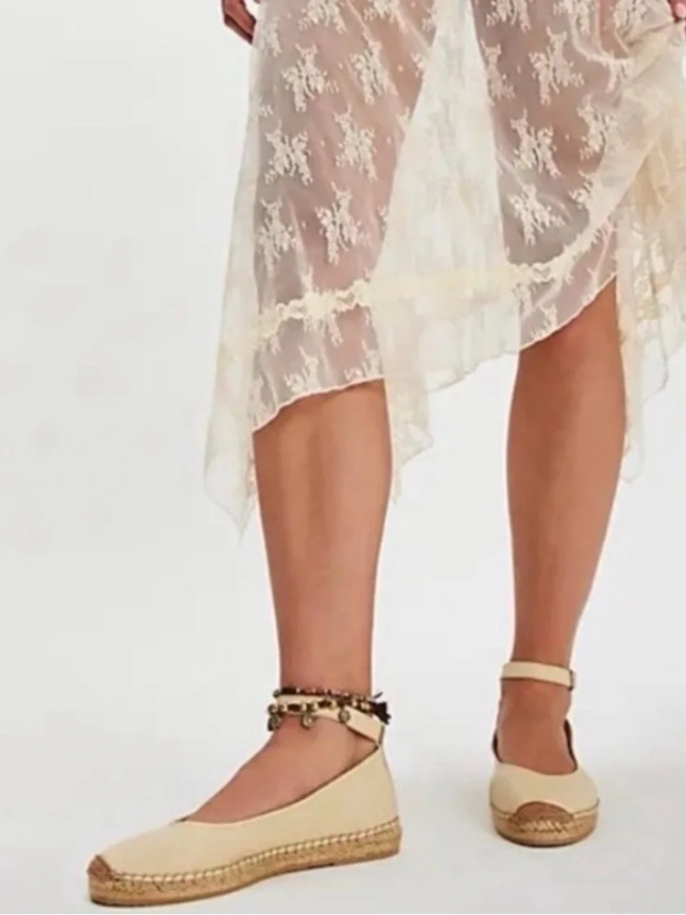Free People Cream Mason Ballet Espadrille Flats with Ankle Strap - Size: US 7.5